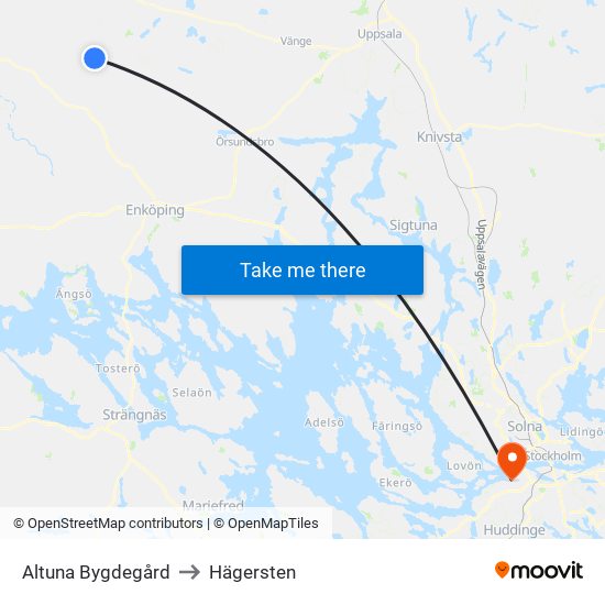 Altuna Bygdegård to Hägersten map