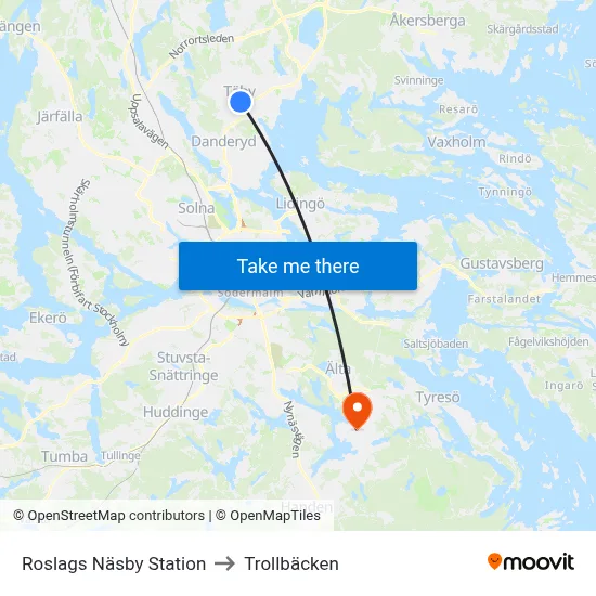 Roslags Näsby Station to Trollbäcken map