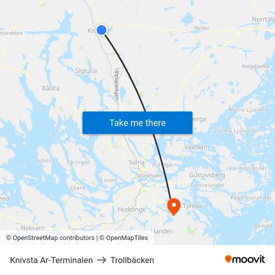 Knivsta Ar-Terminalen to Trollbäcken map