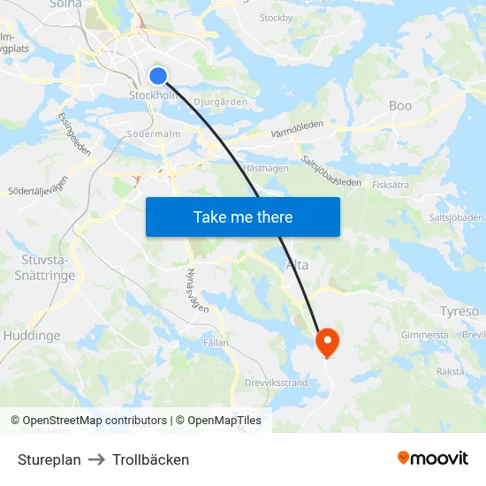 Stureplan to Trollbäcken map