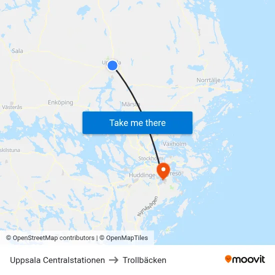 Uppsala Centralstationen to Trollbäcken map
