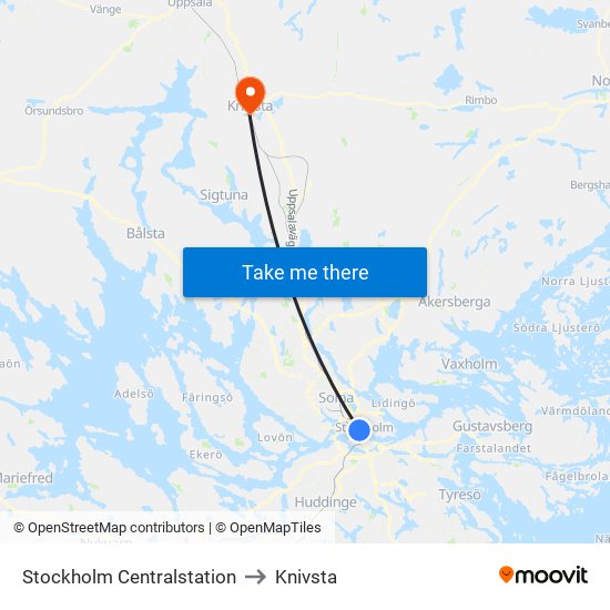 Stockholm Centralstation to Knivsta map