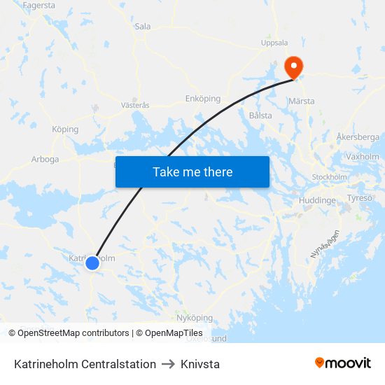 Katrineholm Centralstation to Knivsta map