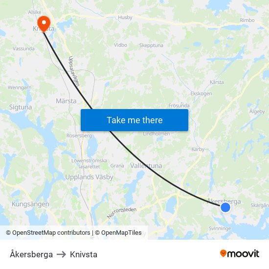 Åkersberga to Knivsta map