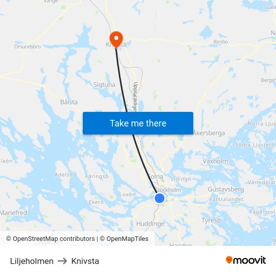 Liljeholmen to Knivsta map