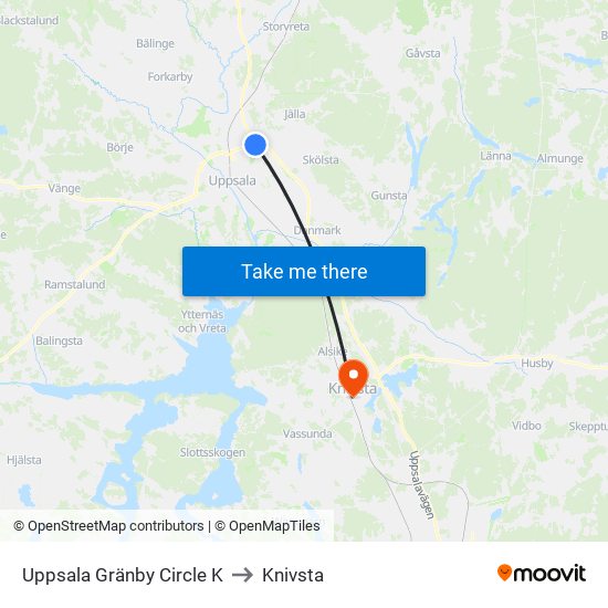 Uppsala Gränby Circle K to Knivsta map