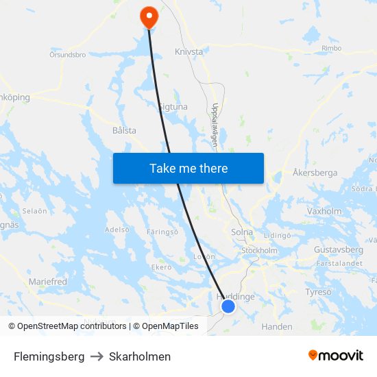 Flemingsberg to Skarholmen map