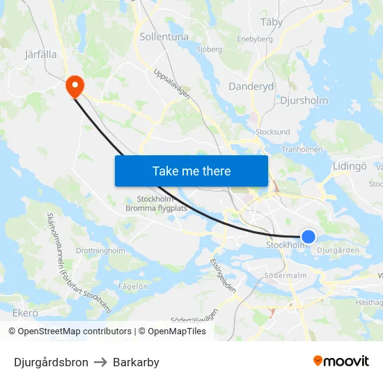 Djurgårdsbron to Barkarby map