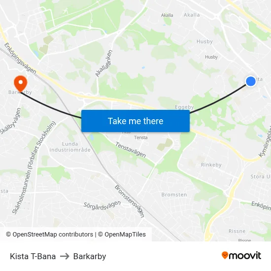 Kista T-Bana to Barkarby map