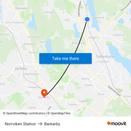 Norrviken Station to Barkarby map