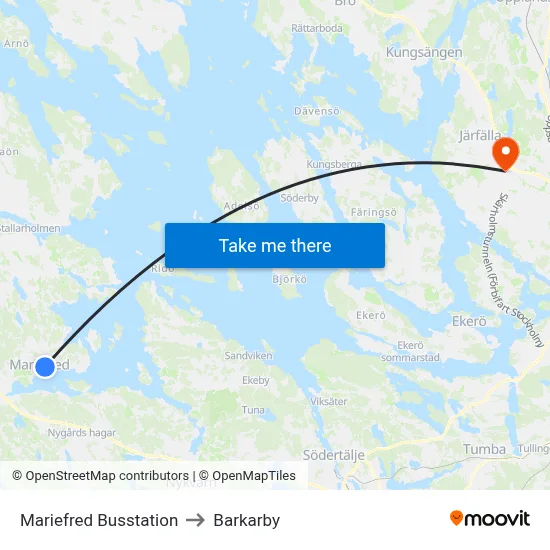 Mariefred Busstation to Barkarby map