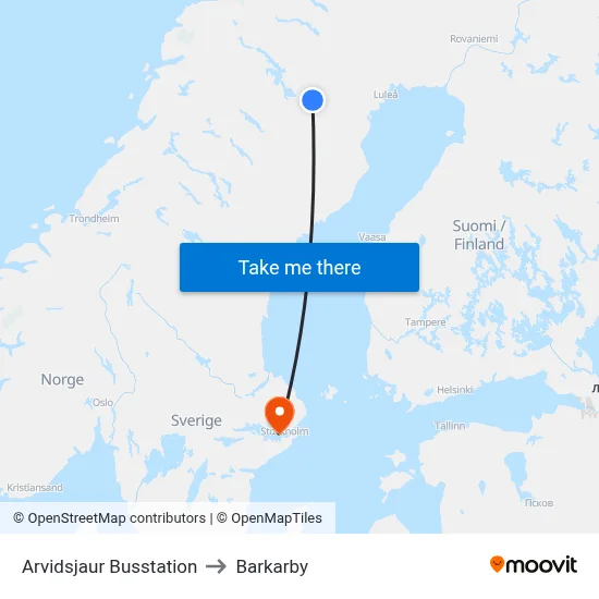Arvidsjaur Busstation to Barkarby map