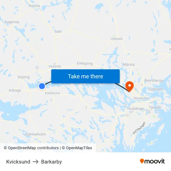 Kvicksund to Barkarby map