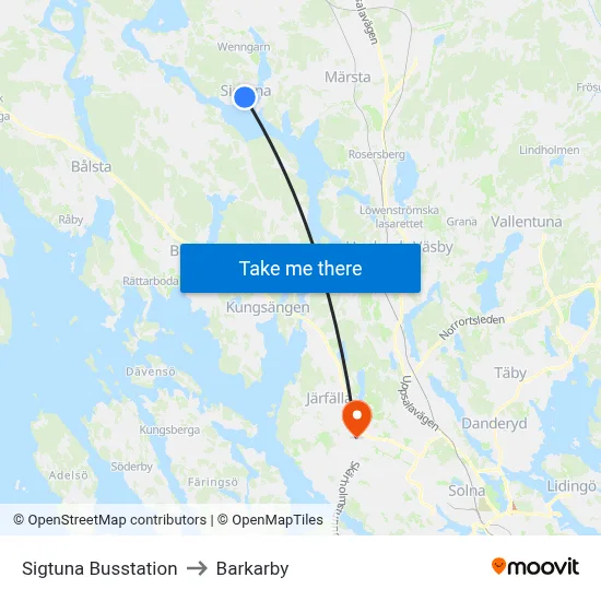 Sigtuna Busstation to Barkarby map
