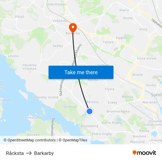 Råcksta to Barkarby map