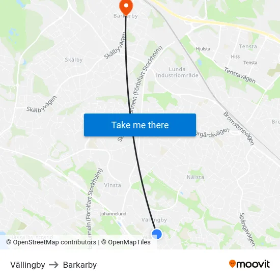 Vällingby to Barkarby map