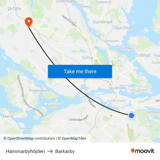 Hammarbyhöjden to Barkarby map
