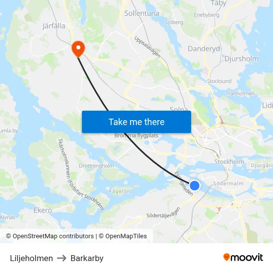 Liljeholmen to Barkarby map