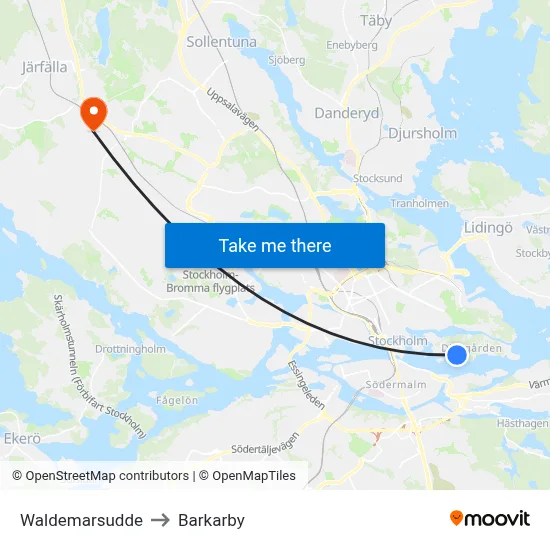 Waldemarsudde to Barkarby map