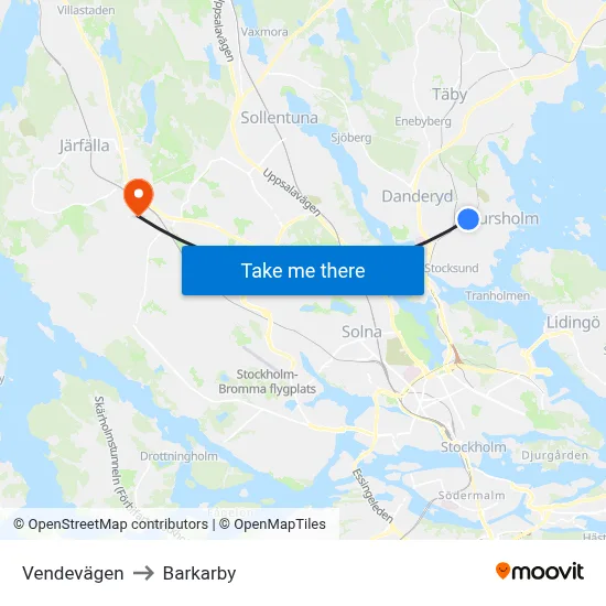 Vendevägen to Barkarby map