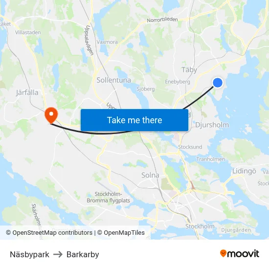 Näsbypark to Barkarby map