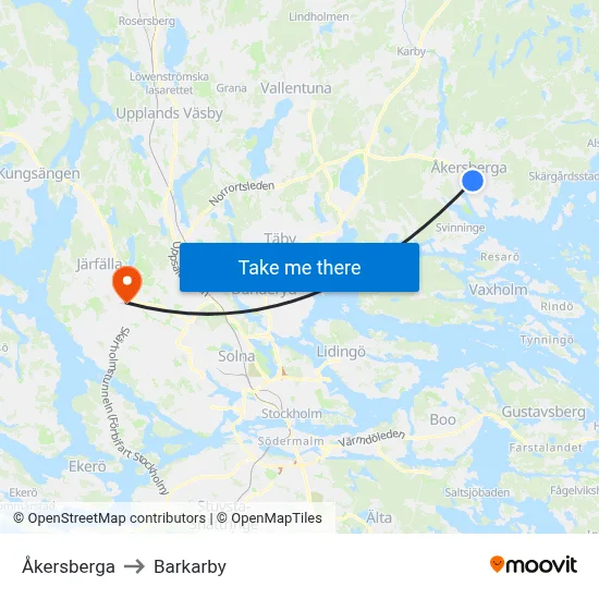 Åkersberga to Barkarby map