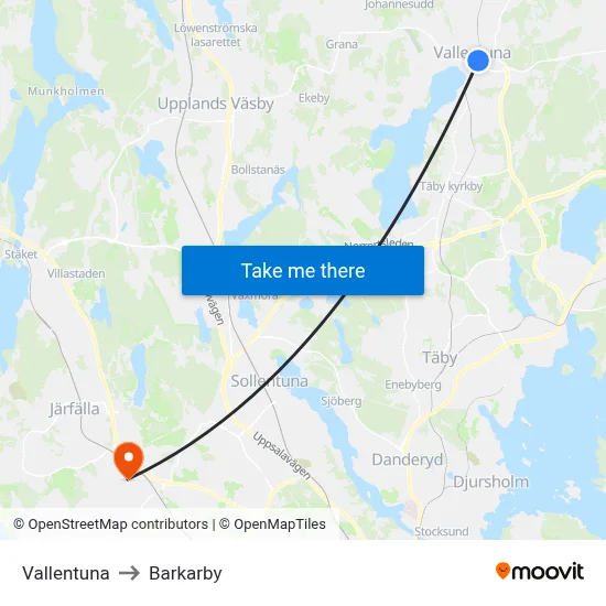 Vallentuna to Barkarby map