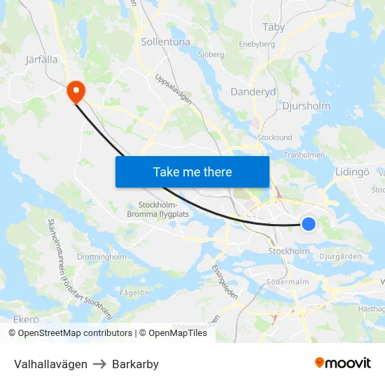 Valhallavägen to Barkarby map