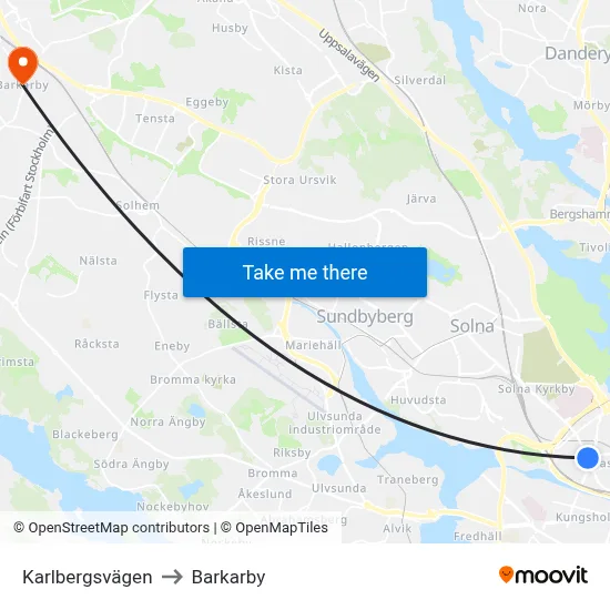Karlbergsvägen to Barkarby map