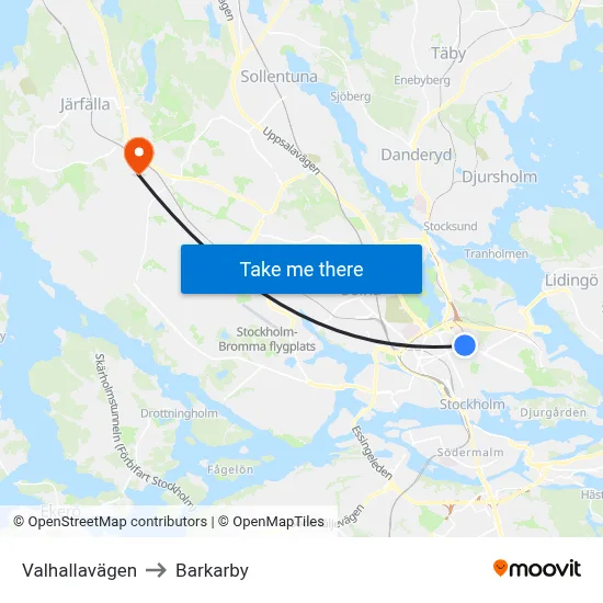 Valhallavägen to Barkarby map