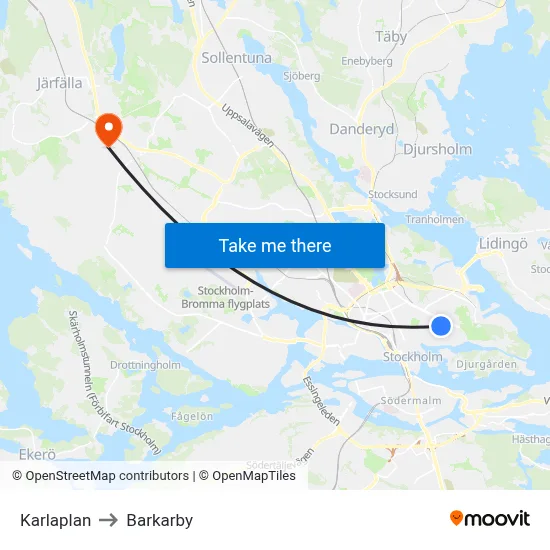 Karlaplan to Barkarby map