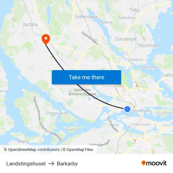 Landstingshuset to Barkarby map