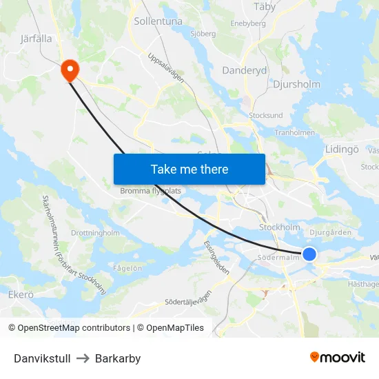 Danvikstull to Barkarby map
