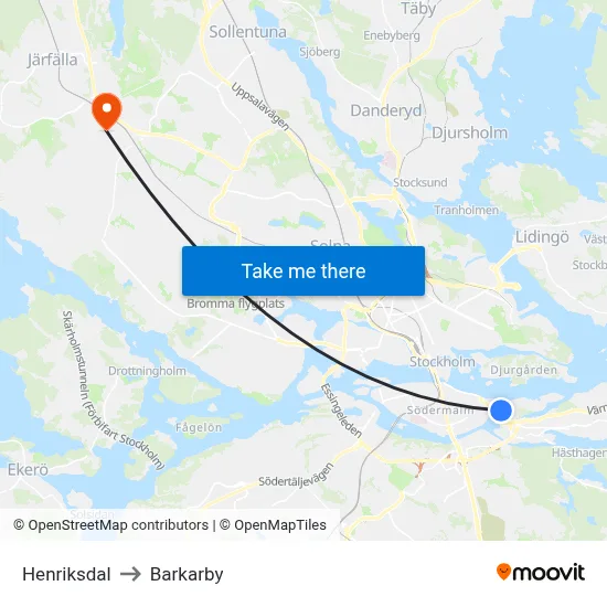 Henriksdal to Barkarby map