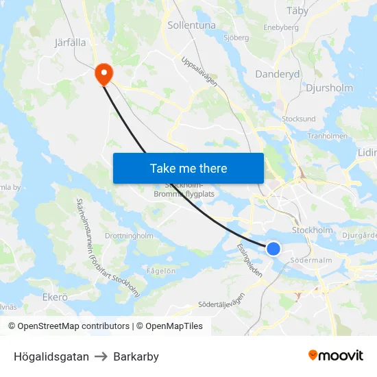 Högalidsgatan to Barkarby map
