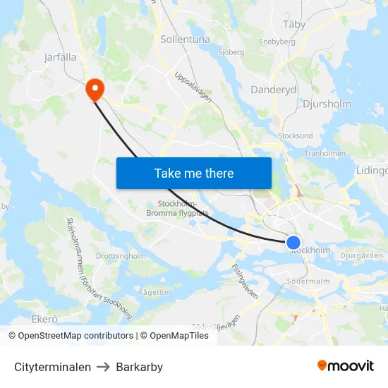 Cityterminalen to Barkarby map