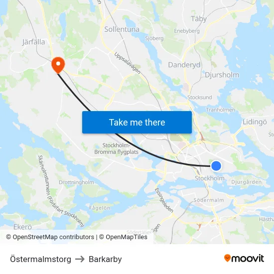 Östermalmstorg to Barkarby map