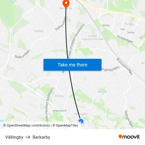Vällingby to Barkarby map