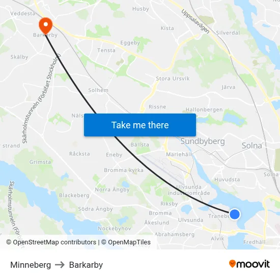 Minneberg to Barkarby map