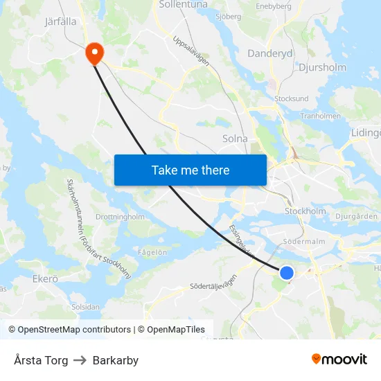 Årsta Torg to Barkarby map