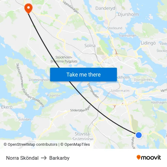 Norra Sköndal to Barkarby map