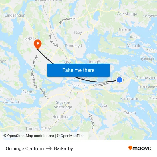 Orminge Centrum to Barkarby map