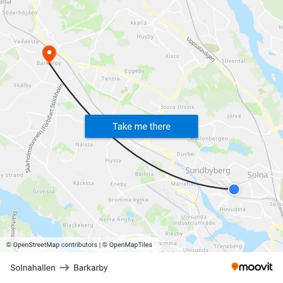 Solnahallen to Barkarby map