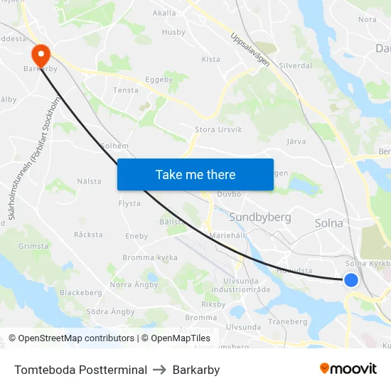Tomteboda Postterminal to Barkarby map