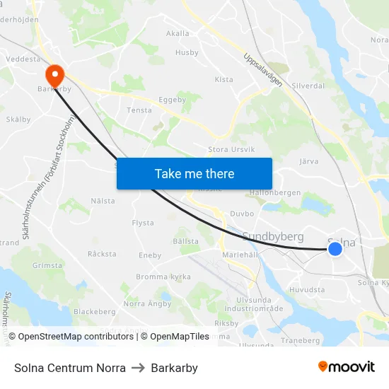 Solna Centrum Norra to Barkarby map
