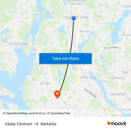 Väsby Centrum to Barkarby map
