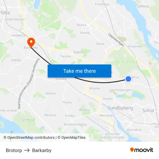 Brotorp to Barkarby map