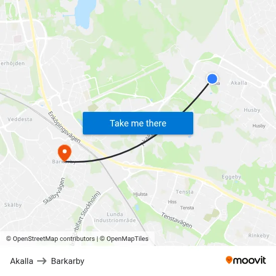 Akalla to Barkarby map