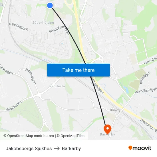 Jakobsbergs Sjukhus to Barkarby map