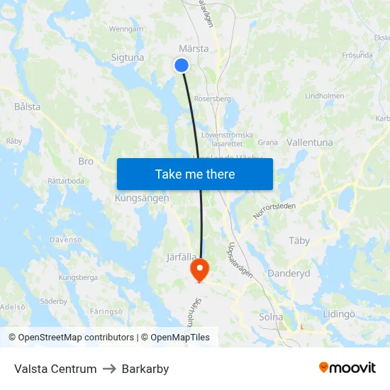 Valsta Centrum to Barkarby map